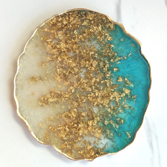 Made to Order Handmade Resin Coasters Blue and Pearl White w/ Gold Leaf Details - Picture 3 of 5